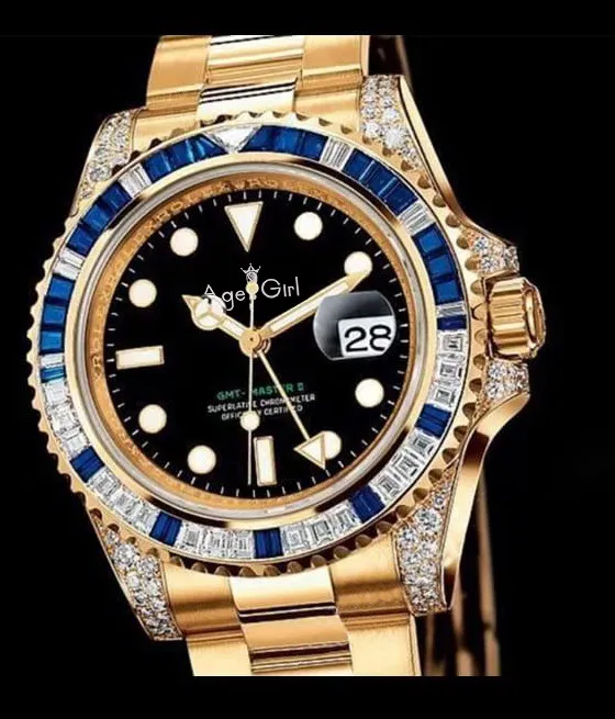 

Classic New Men Automatic Mechanical Rainbow Square Diamonds Blue Bezel GMT Stainless Steel Gold Black Classic Gent's Watch