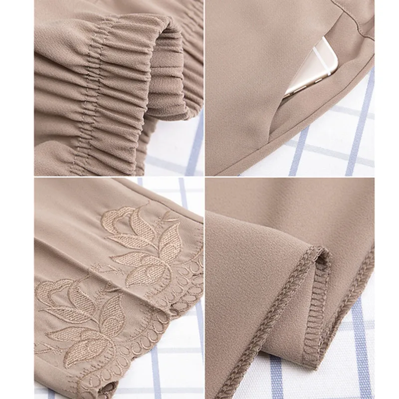 

Summer Mother Chiffon Nine-point pants Middle-aged women High waist Embroidered Loose Straight pants Plus size 6XL Casual pants