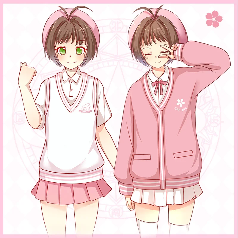 

Японской Вишни свитер JK школьная униформа для девочек аниме Card Captor SAKURA Косплэй костюм-свитер Колледж розового и белого цвета верхняя одежда...