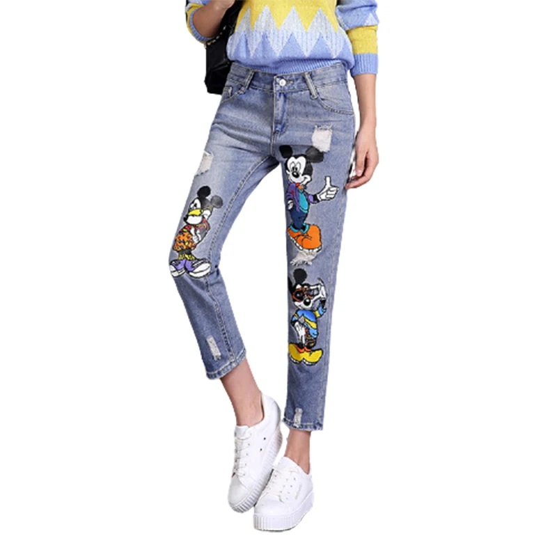 Женские рваные джинсы Disney с принтом Микки Мауса в стиле ретро синие брюки