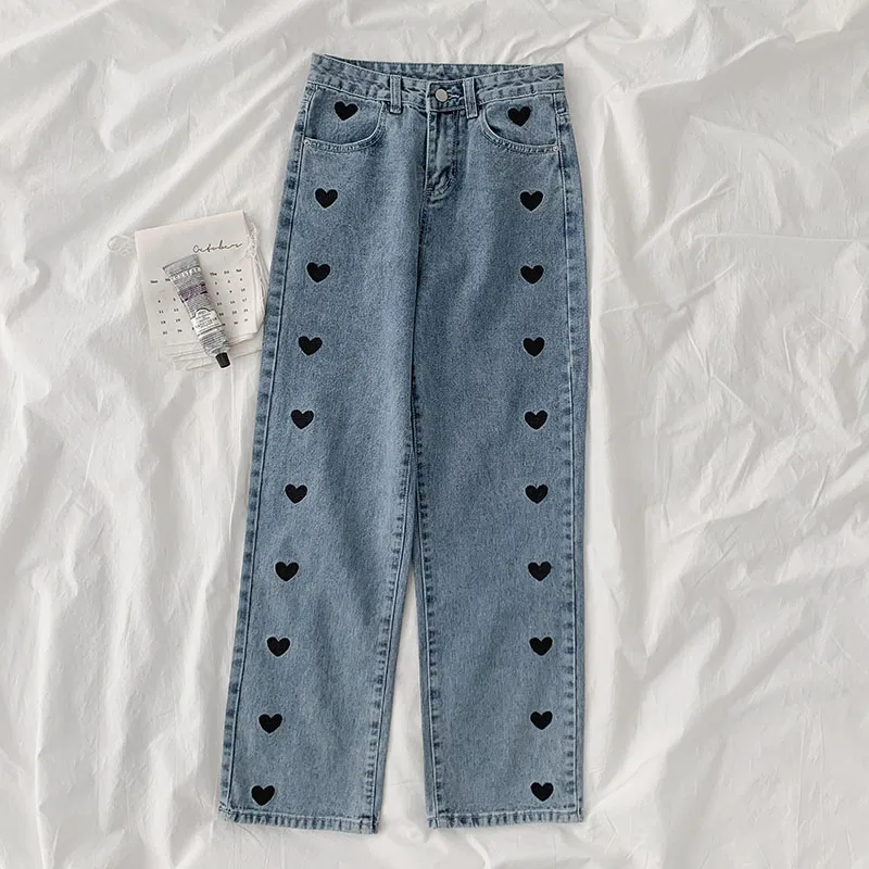 

2021 Spring New women high waist overlength jeans pants Heart Embroidery Streetwear zipper female wide leg denim trousers