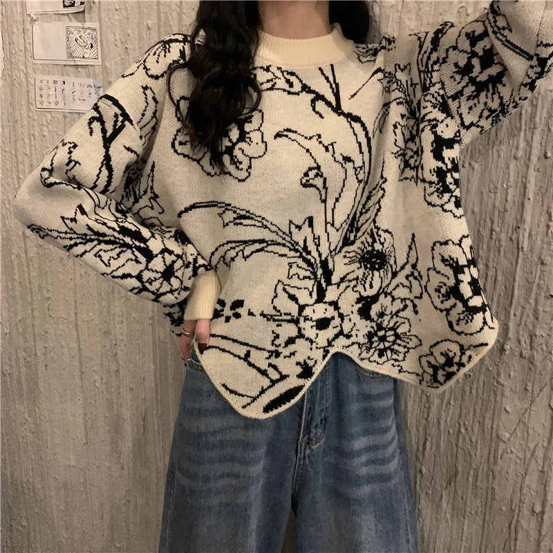 

Floral Print Knitted Sweater Women 2020 Autumn Winter Pullover Femme Sweaters High Quality Knitted Oversize Black Sweater Jumper