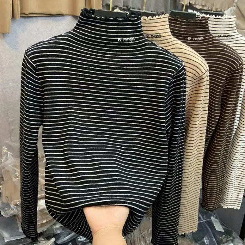 

Spring Autumn Light Fleece Lining Turtleneck Long Sleeve Stripe T Shirt For Women Casual Bottoming Tees Top Ladies Slim T-shirt