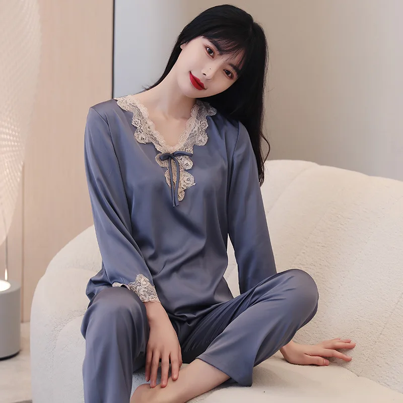 

New Women Pajamas Set Long Sleeve Sleep Set Sexy Lace 2PCS Sleepwear Spring Summer Shirt&Pants Female Casual Home Clothing