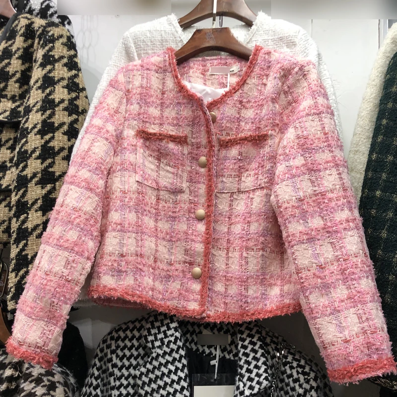 

Pink Vntage Tweed Short Jacket for Women Sweet Pockets Plaid Casual Blazer