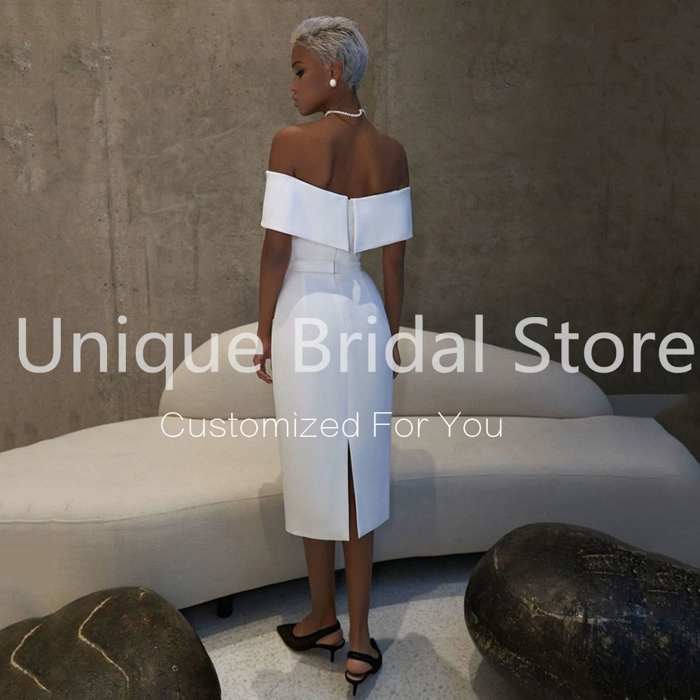 

White V-Neck Satin Mermaid Wedding Dress Elegant Knee Length Off The Shoulder Short Sleeves Bridal Gowns 2021 Vestidos De Noivas