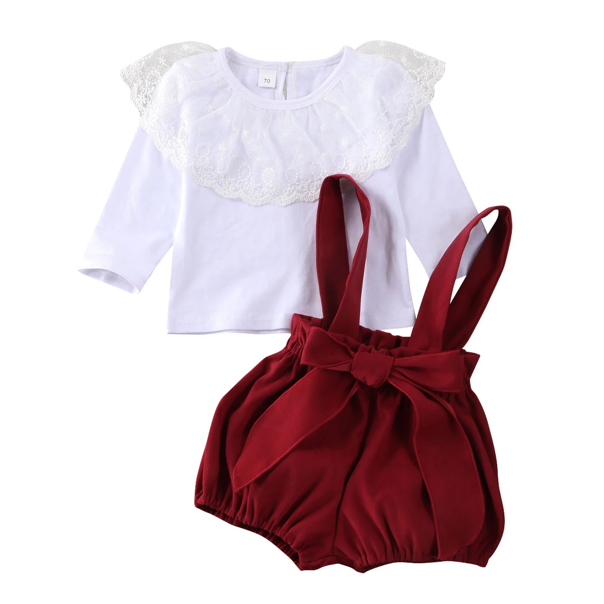 

Toddler Baby Girls Clothes Solid Color Lace Ruffle Long Sleeve Tops Strap Shorts Overalls Skirt Baby Clothes Sets 2Pcs Outfits