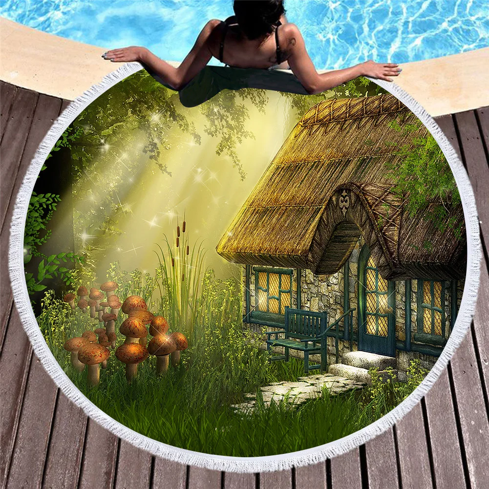

Free shipping Gift Fantasy Fairy Magic Woodland Forest Trees Mushrooms Hut Print Large Surfing Beach Towel Drop Shipping