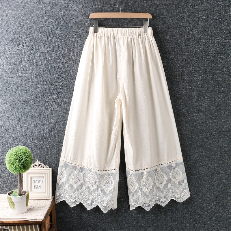 

Spring new small fresh elastic waist solid wide leg pants embroidery splicing Capris Ankle-length pants