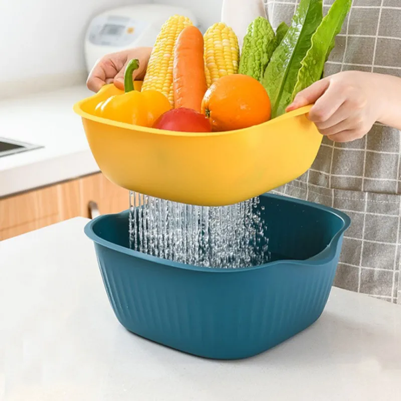 

Kitchen Double Drain Basket Bowl Rice Washing Colander Basket Strainer Noodles Vegetable Fruit Storage Basket Kitchen Tool Props