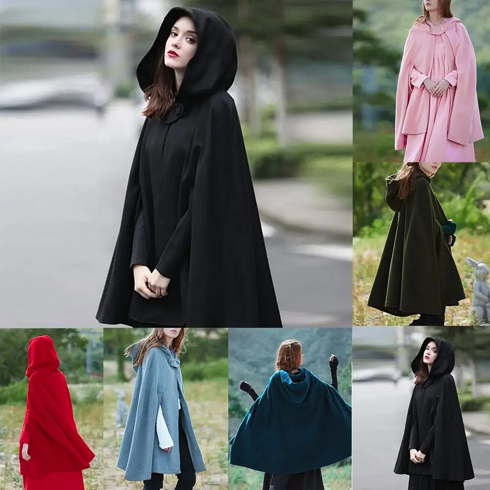 

Richkeda Store New 2021 Fashion Women Loose Winter Cape With Hood Trench Coat Knitted Ponchos Capes Cloak Jacket Outwear