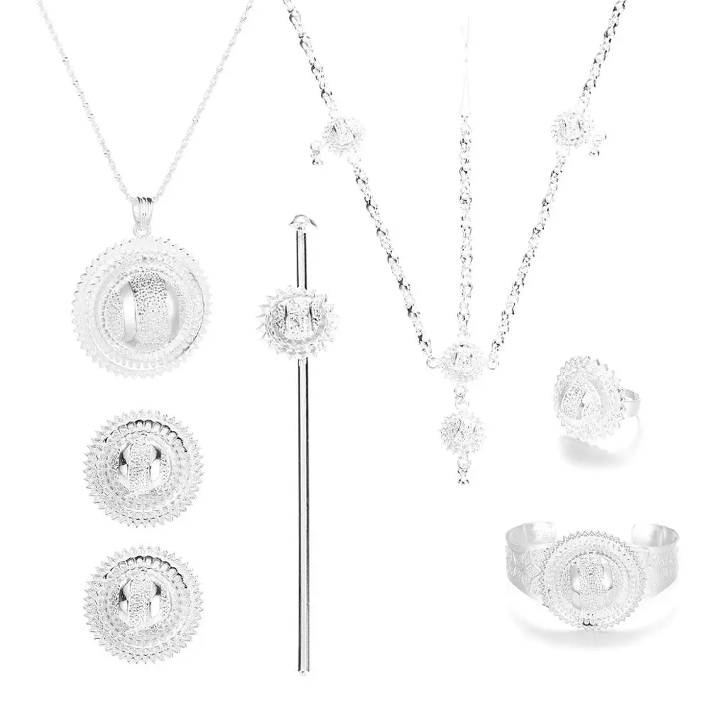 Ethiopian Jewelry Set Silver Color Pendant Chain Earrings Ring Bangle Habesha Wedding Eritrea Party | Украшения и аксессуары