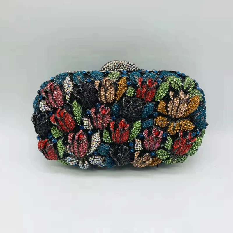 

XIYUAN Colorful Crystal Women Evening Handbags Diamond Floral Lady Clutch Purse Wedding Party Dinner Rhinestone Metal Flower Bag