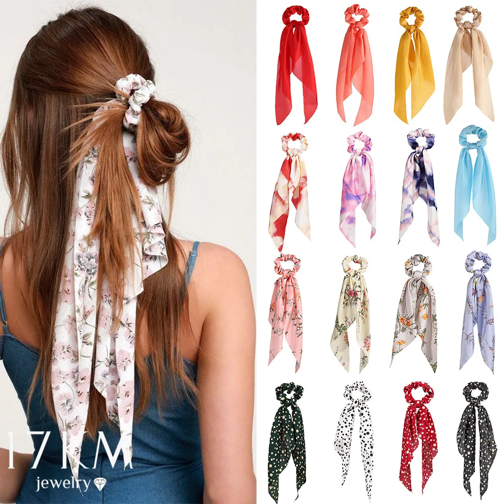 

17KM Fashion Floral Print Scrunchies Solid Long Hair Ribbon For Women Ponytail Scarf Sweet Elastic Hair Band Hair Accessories
