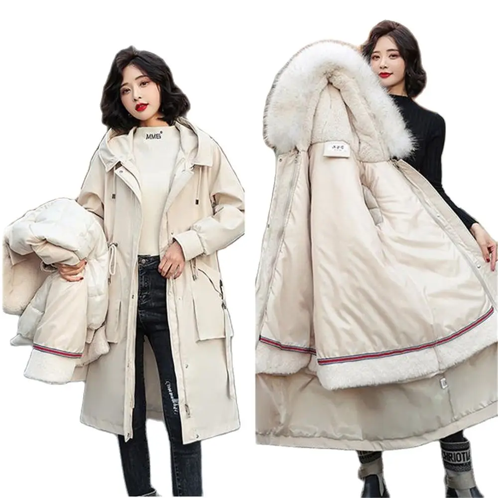 m-4xl fur collar long hooded parka 2021 winter jacket women adjustable waist cotton liner coat three ways wear detachable thick