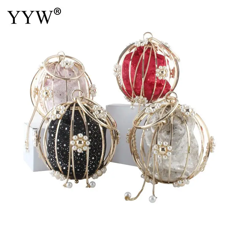 

Женская вечерняя сумочка, клатч с металлической вышивкой в виде птичьей клетки с жемчугом и круглым помпоном, кошелек, женская сумочка с зол...