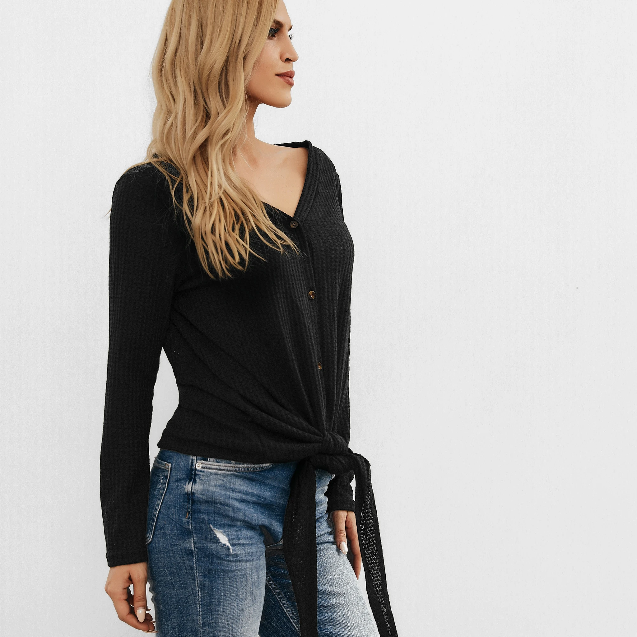 PatPat Sassy Long-sleeve V-neck Thin Solid T-shirt Top with Tie For women Spring and Autumn Casual Single-Breasted Cardigan | Мать и