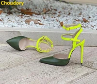 women neon yellow stiletto heels army green matte leather pointed toe dress pumps ankle buckle strap gladiator heels dropship