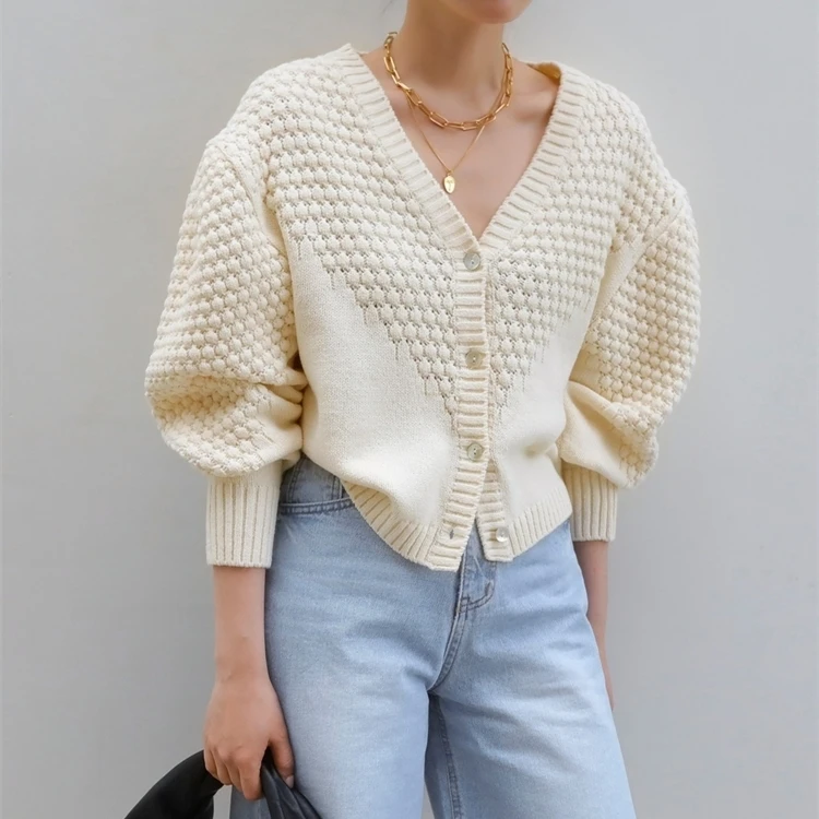 

Женский короткий свитер на пуговицах, трикотажный кардиган с V-образным вырезом и рукавами-фонариками, в Корейском стиле, Осень-зима 2021