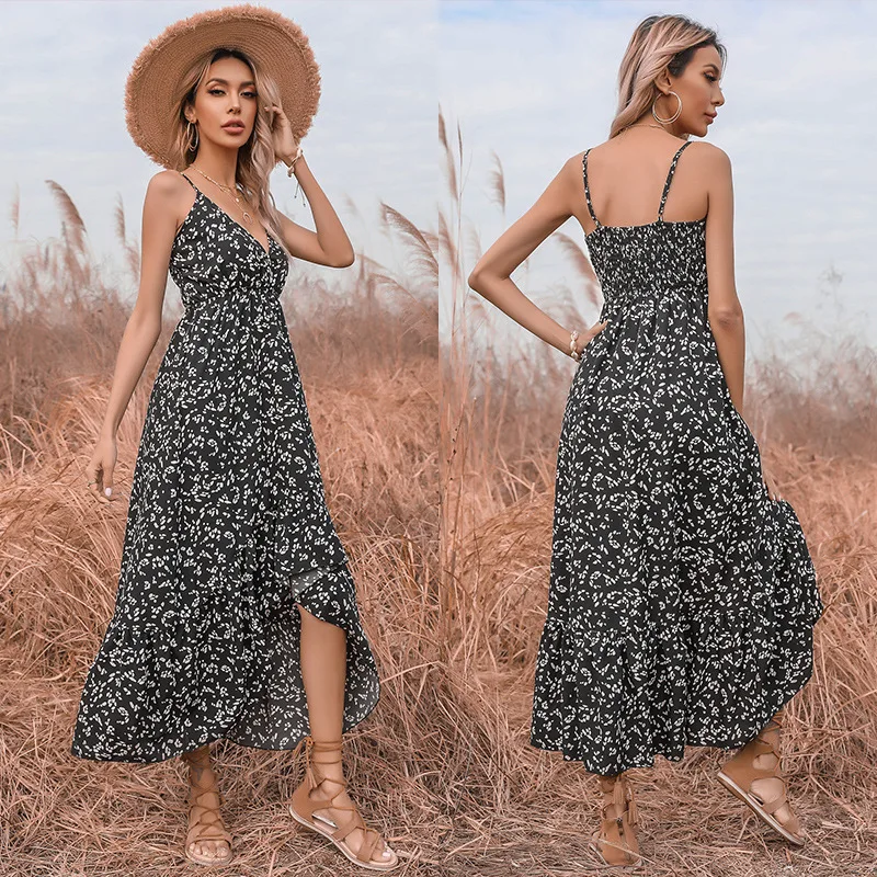 

Chiffon Sexy Printed V-neck Irregular Suspender Dress Long Skirt Women 2021 Summer New Europe And America Sexy Dress