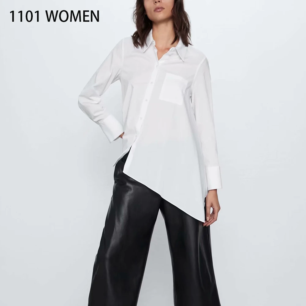 Женская Асимметричная рубашка ZA белая однотонная с длинным рукавом и отложным