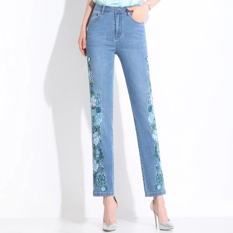 Женские тонкие джинсы с вышивкой FERZIGE повседневные Прямые брюки стрейч эффектом