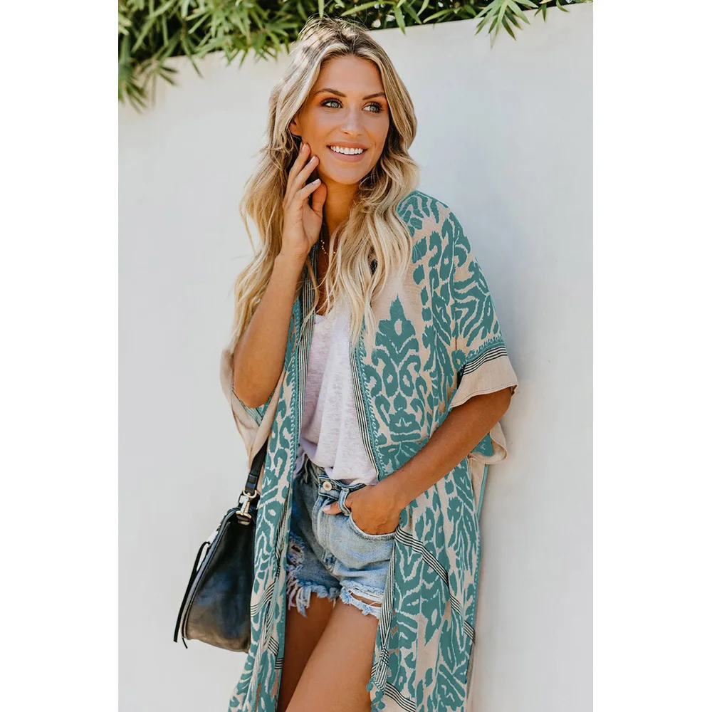 Женская летняя пляжная шаль кардиган кимоно с коротким рукавом и принтом