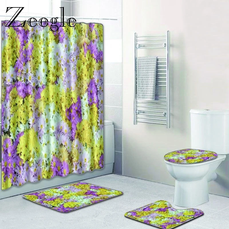 

Zeegle Floral Pattern Shower Curtain and Toilet Rug Bath Mats Bathroom Non-slip Absorbent Door Mat Flannel Soft Bath Rug 4pcs