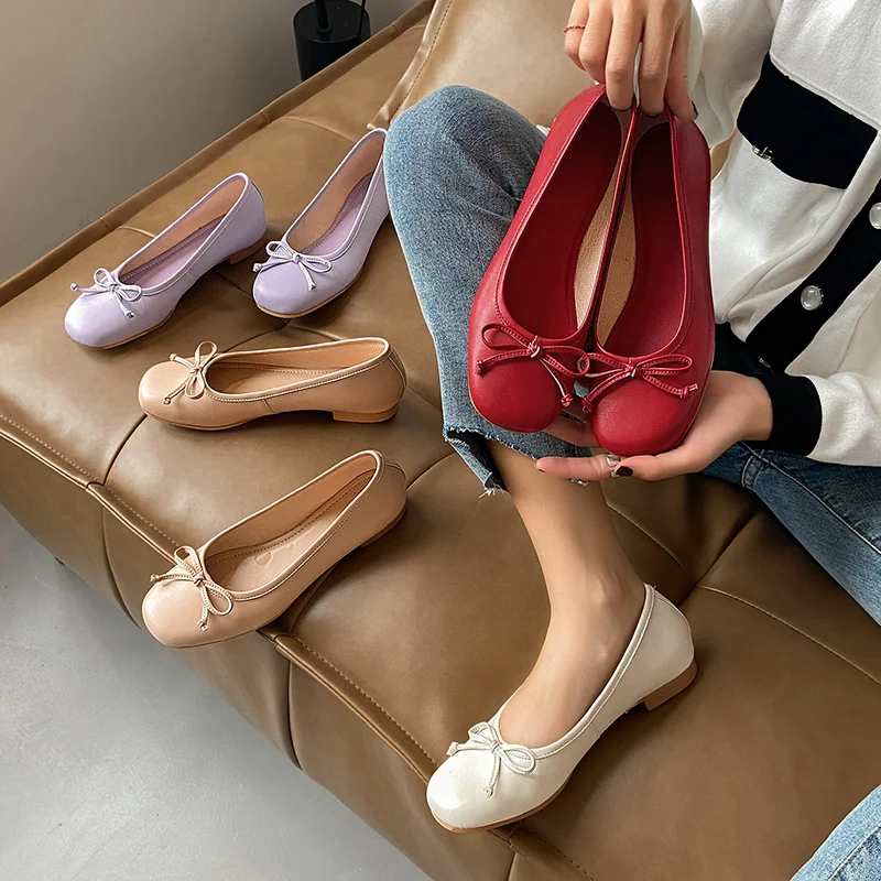 

Ballet Low Heels Shoes Women Round Toe Slip On Shoes Bow Shallow Dress Footwear Ladies Shoes Spring Summer Purple Apricot