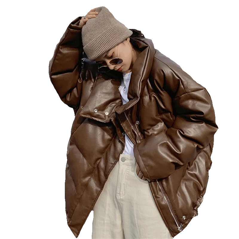 

Sharezz Winter Pu Leather Parka Woman Fashion Oversize Thick Warm Faux Leather Coat Harajuku Plus Size Puffer Jacket Women