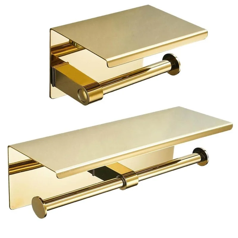 Double Roll Toilet Paper Holder with Phone Shelf, Stainless Steel Gold, Bathroom Tissue Holder Wall Mounted Tissue Dispenser