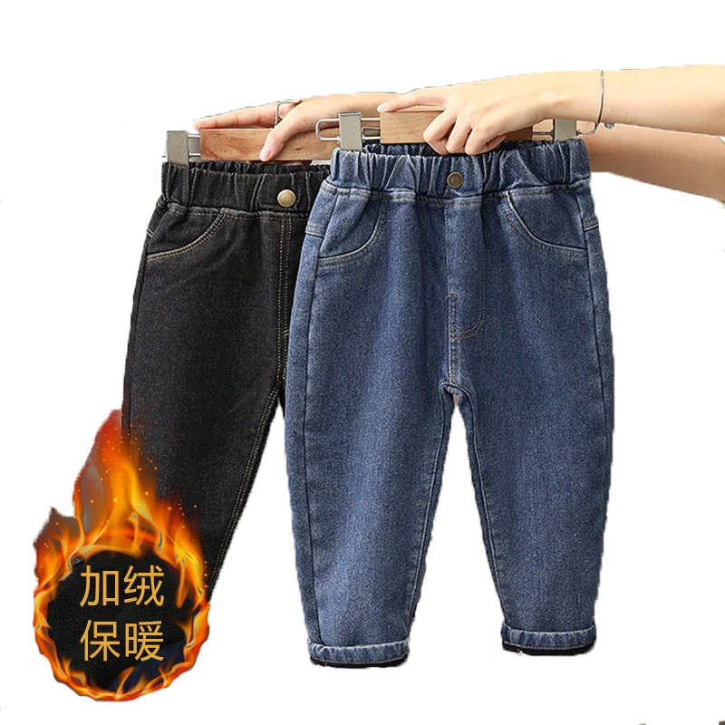 

Boys Thicken Jeans 2021 Fall Winter Boys Girls Cartoon Loose Plus Fleece Warm Jeans Trousers Trend