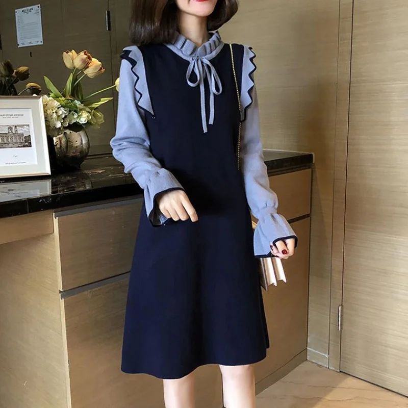Fake Two Piece Dress Women's Autumn Winter New Loose Lady Half High Collar Fungus Edge Knitted Skirt