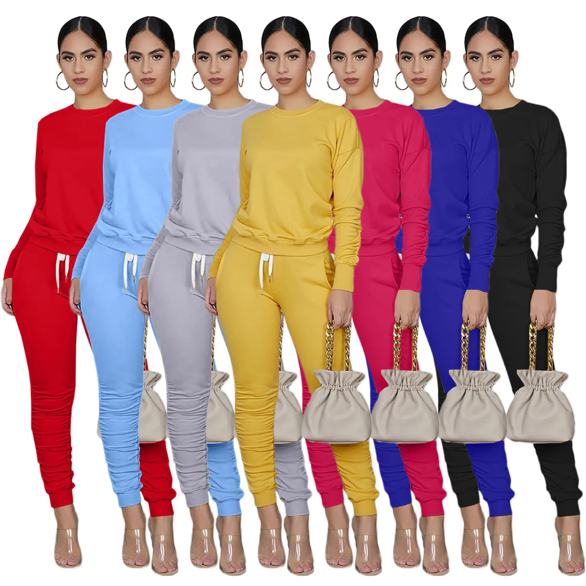 

Fall 2021 Ladies Solid Color Long-Sleeved T-Shirt Pleated Trousers Casual Home Temperament Commuter Sports Suit
