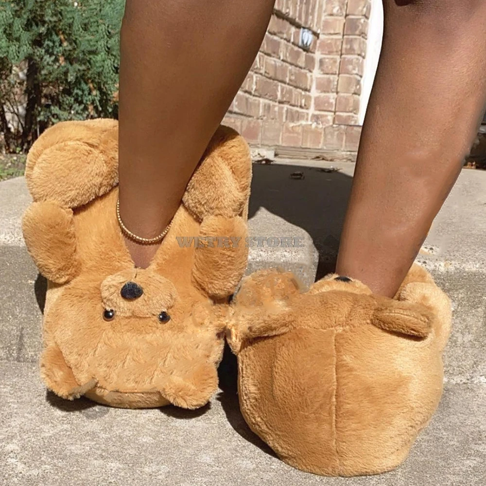 HOT Teddy Bear Plush Slippers Cartoon Cute Bear House Slipper Winter Warm Furry Faux Fur Slides Woman Furry Flip Flop Shoes