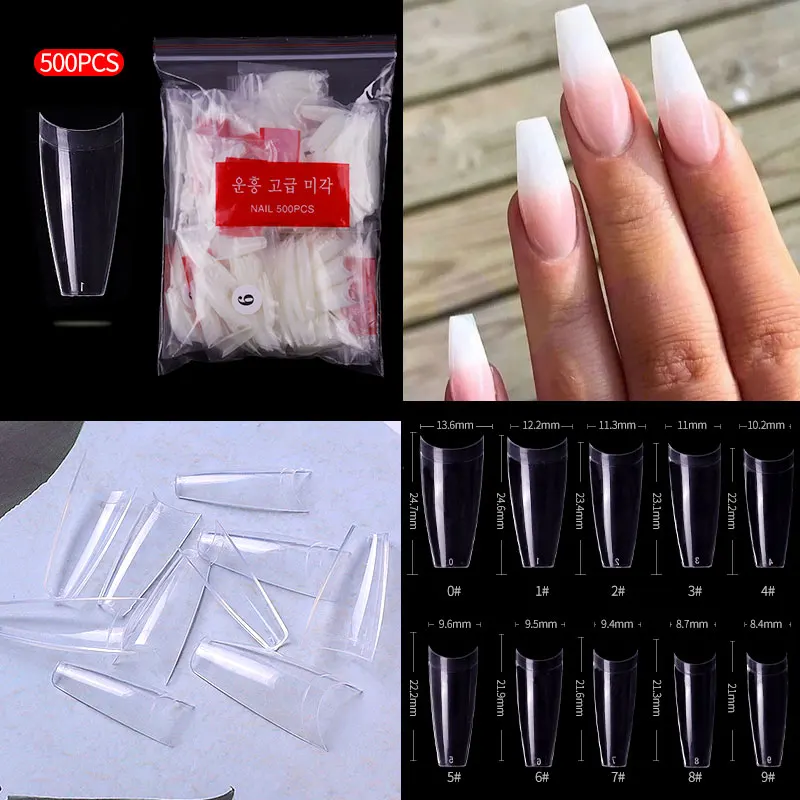 

500pcs Clear Natural False Acrylic Nail Tips Half Cover French Coffin Fake Nails Tips for Extension Fingernails UV Gel Manicure