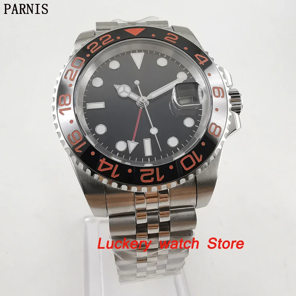 

40mm Parnis Mens Watch black dial Ceramic Bezel GMT luminous marks date sapphire glass automatic PA77