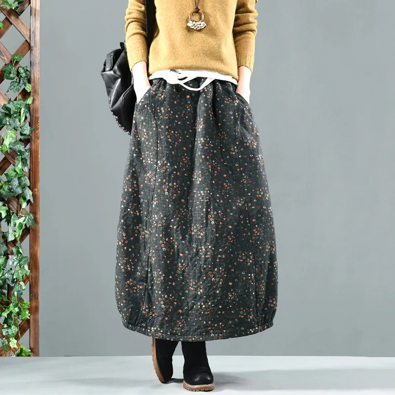 Бархатная юбка с принтом в стиле ретро из хлопка и льна длинная цветочным