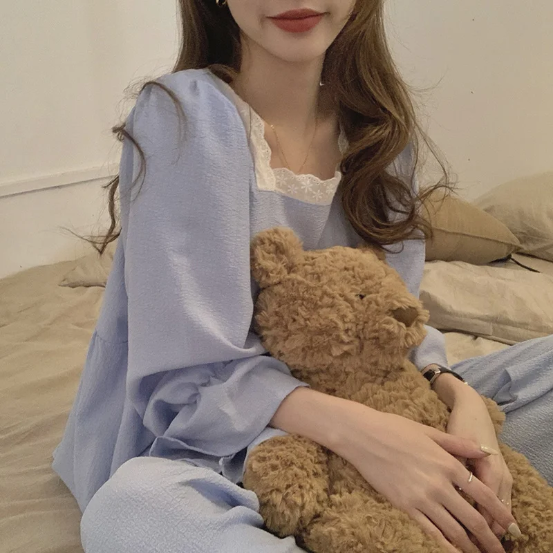 Синяя Пижама комплект из двух предметов женский кружевной топ с воротником и