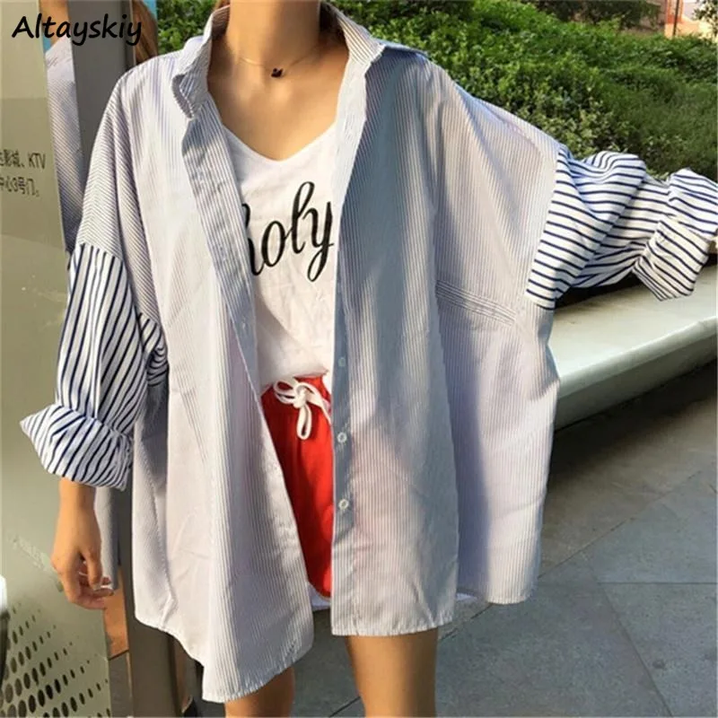 

Striped Shirts Women Loose Leisure Japanese Style Trendy Chic BF Unisex Holiday Harajuku Female Top Spring Autumn All-match Ins