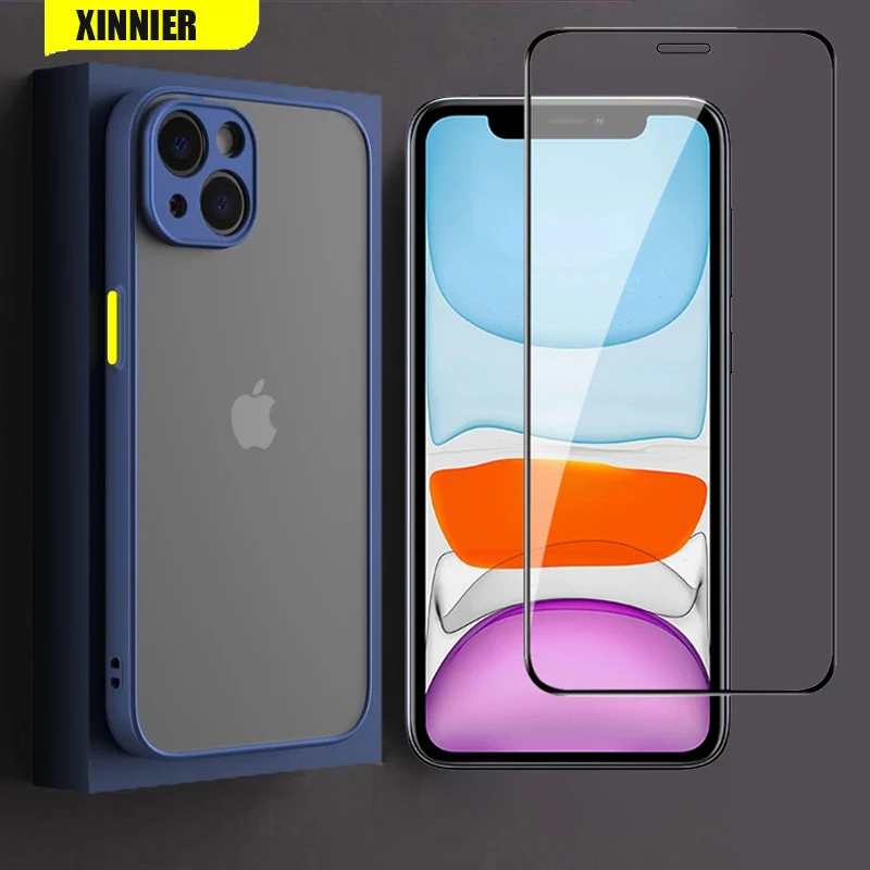 2-piece set hockproof Bumper Armor Matte Clear Case For iPhone 13 12 11 Pro Max XR X S 7 8 plus Tempered Glass Screen Protector