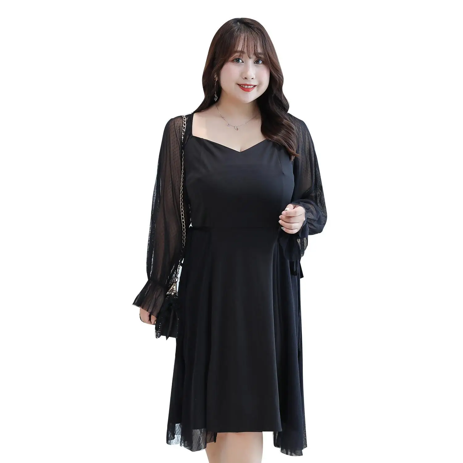 

2019 Autumn Large Size Women Dress Elegant V-neck Mesh Plus Size Dress Lace Patchwork Party Dress Vestidos Big Size Casual Dress