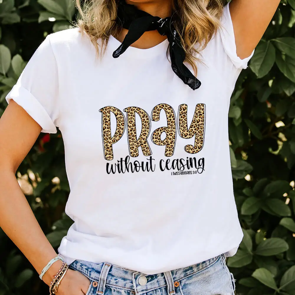 

Pray Without Ceasing Leopard Printed 100%Cotton Women Tshirt Christian Shirt Women's Summer Short Sleeve Top Jesus Tee Faith Tee
