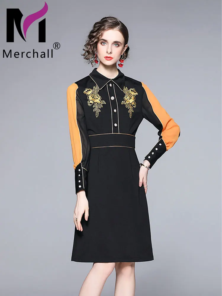 

Runway Fashion Design Color Contrast Shirt Dress Office Lady Embroidered Turn-down Collar Long Sleeve A-line Dress Robe M59127
