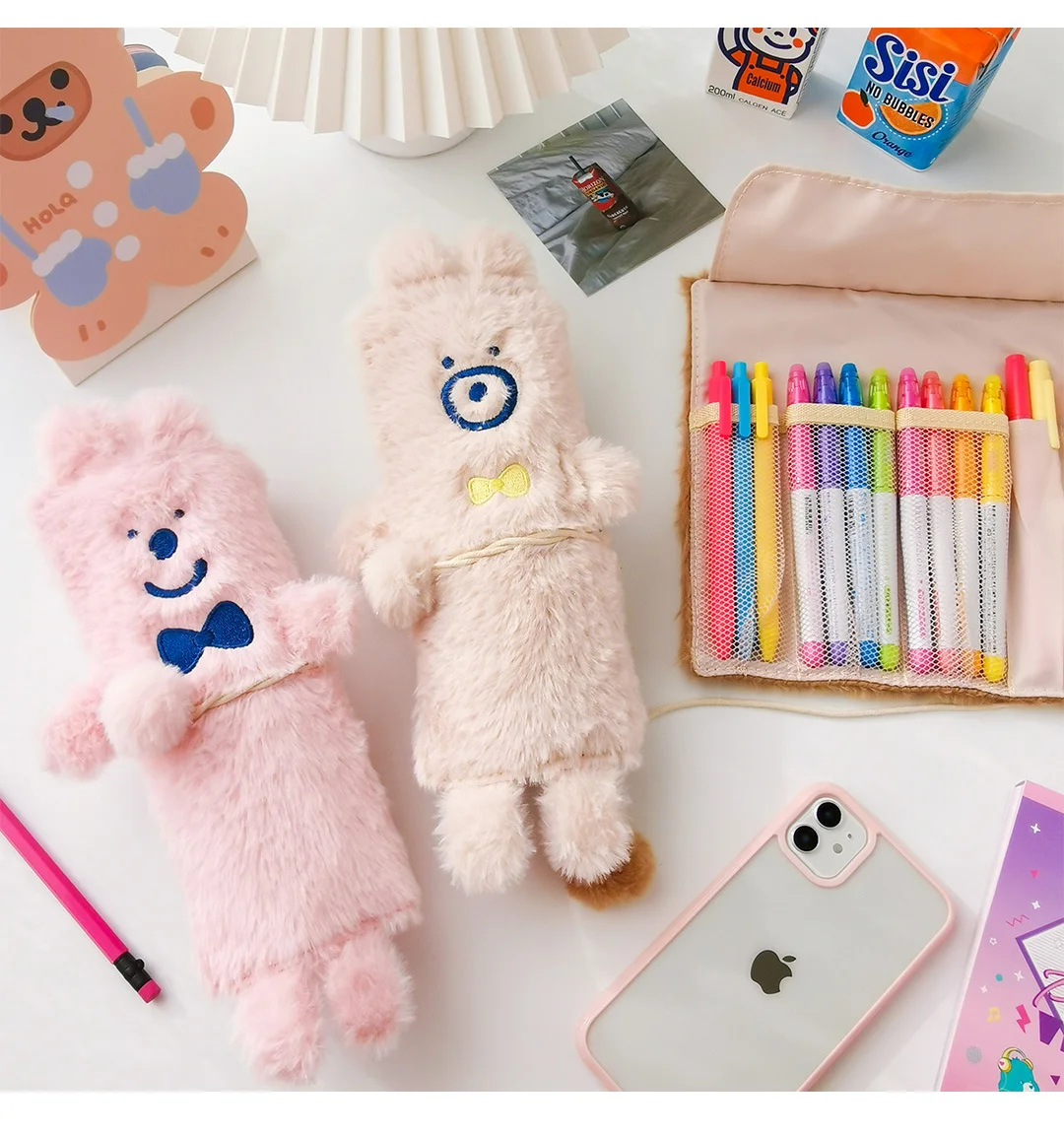 

Cute cartoon plush embroidery roller pen curtain animal shape pencil case stationery bag ins Japanese pencil case