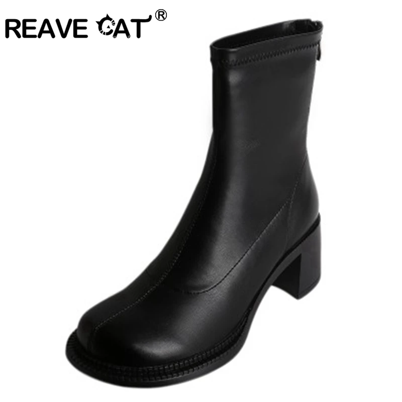 

REAVE CAT 2021 Real Leather Mortorcycle Ankle Bootie Stretchy Designer Women Round Toe Square Mid Heel Zipper 40 Black S2422
