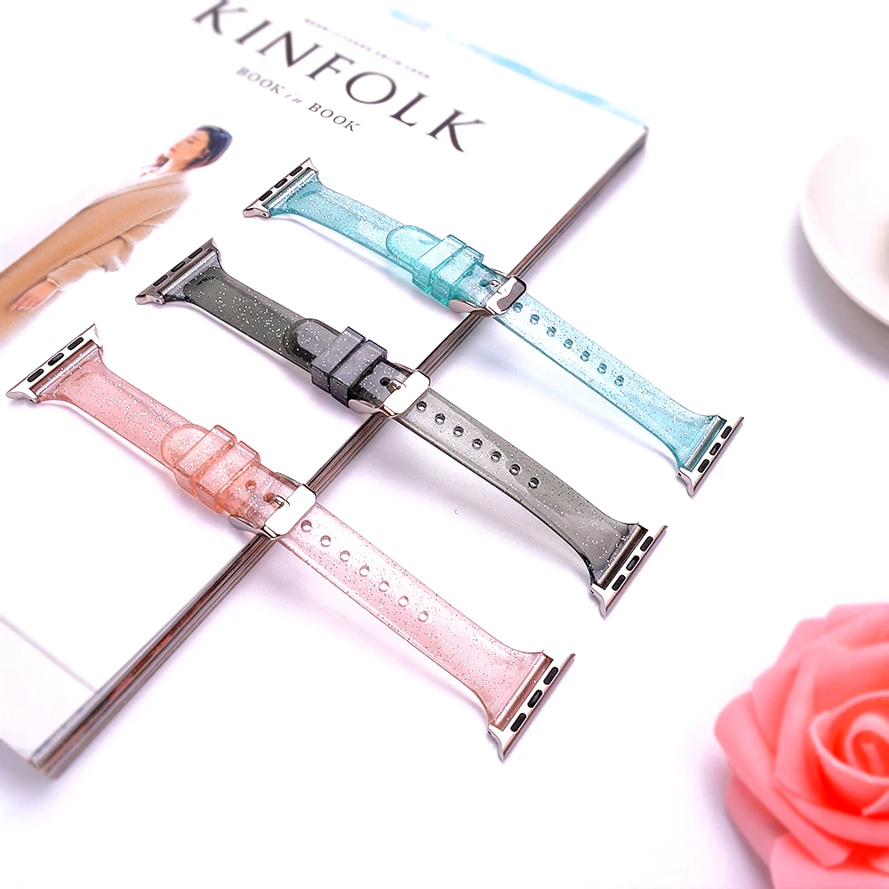 Силиконовый ремешок для часов Apple watch Тонкий блестящий женский браслет Series 6 SE 5 4 3 2