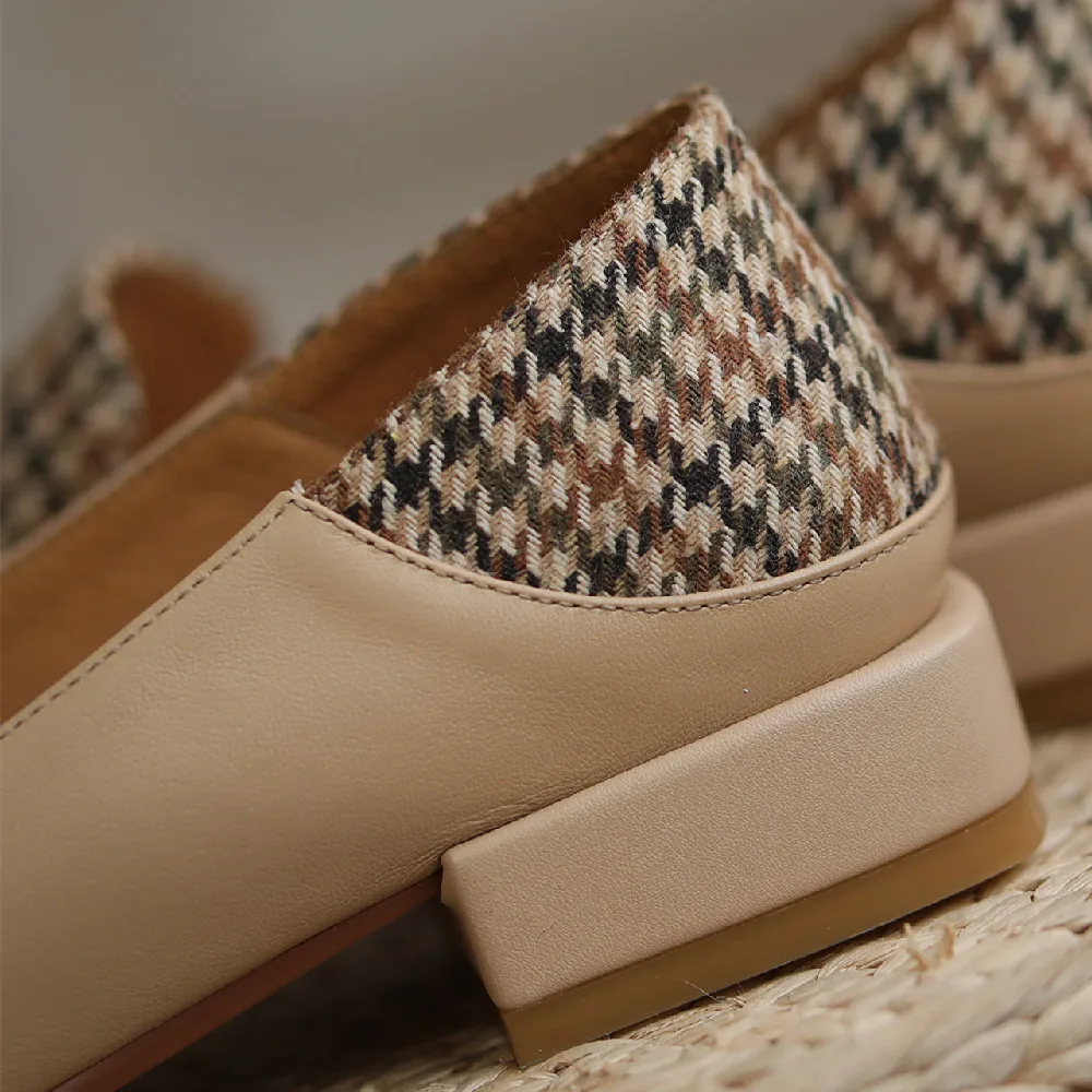 

Women's genuine leather fabric patchwork slip-on flats loafers metal buckle square toe soft comfortable moccasins daily shoes