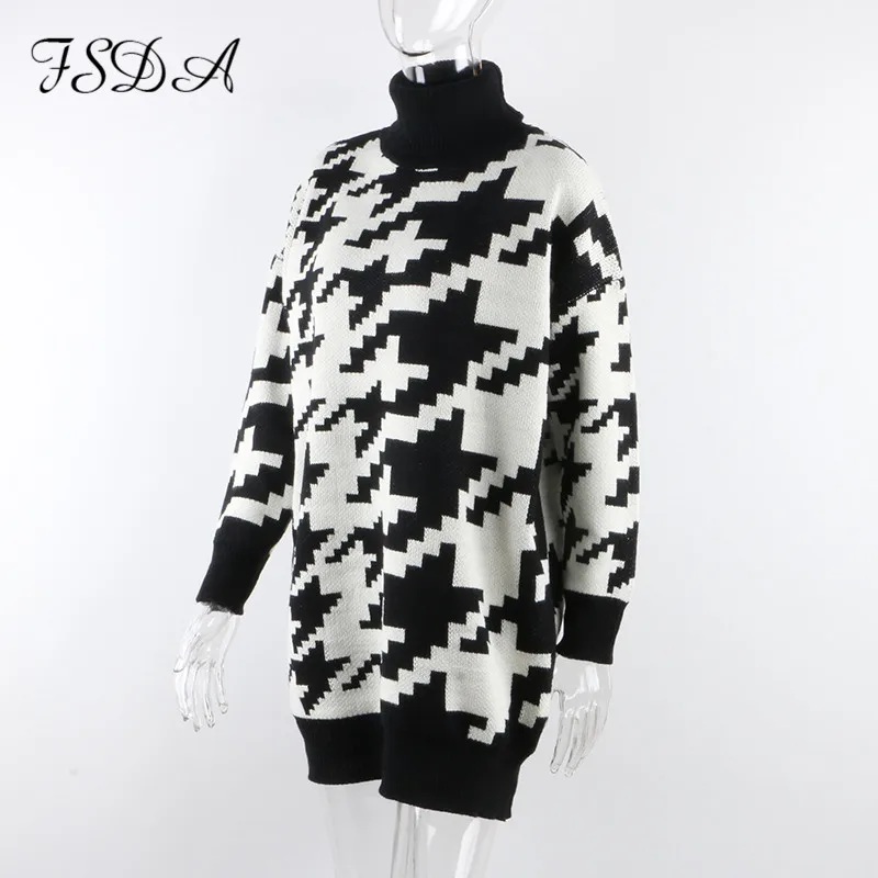 

Funny 2020 Turtleneck Loose Sweater Dress Women Casual Knitted Jumper Oversized Long Sleeve Autumn Winter Houndstooth Pullover