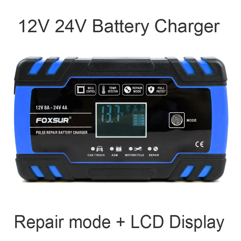 foxsur smart car battery charger12v 24v 8a touch screen pulse repair lcd fast power charging wet dry lead acid for gel wet free global shipping